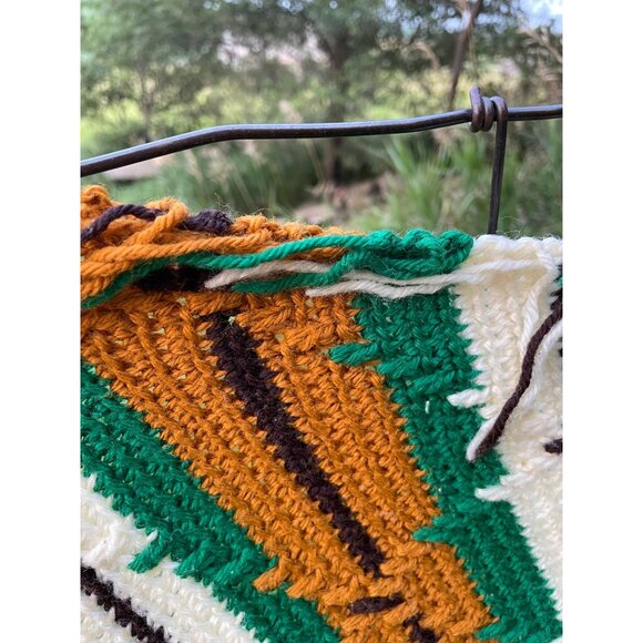 Vintage 1970s Crochet Afghan Blanket Green Brown & Cream Stripes  74x59 - Picture 6 of 14